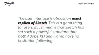The user interface is almost an exact
replica of Sketch. This is a good thing
for users, it just means that Sketch has
set such a powerful standard that
both Adobe XD and Figma have no
hesitation following.
Figma - User Interface
 