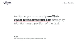 In Figma, you can apply multiple
styles to the same text box, simply by
highlighting a portion of the text.
Figma - Text Styles
Sketch
You can’t apply multiple styles to the same text box.
 