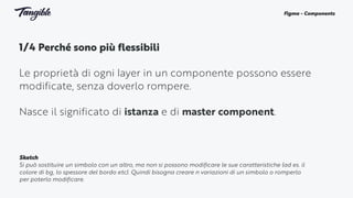 1/4 Perché sono più flessibili 
Le proprietà di ogni layer in un componente possono essere
modificate, senza doverlo rompere.
Nasce il significato di istanza e di master component.
Figma - Components
Sketch
Si può sostituire un simbolo con un altro, ma non si possono modificare le sue caratteristiche (ad es. il
colore di bg, lo spessore del bordo etc). Quindi bisogna creare n variazioni di un simbolo o romperlo
per poterlo modificare.
 