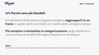 2/4 Perché sono più flessibili 
Gli elementi della stessa categoria vengono raggrupparti in un
frame, il quale viene nominato col nome della categoria stessa.
Più semplice e immediata la categorizzazione degli elementi e
una successiva modifica/riorganizzazione se necessario.
Figma - Components
Sketch
Importante il naming di ogni singolo simbolo, perché ti permette di creare categorie di simboli.
 