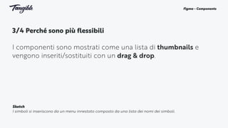 3/4 Perché sono più flessibili 
I componenti sono mostrati come una lista di thumbnails e
vengono inseriti/sostituiti con un drag & drop.
Figma - Components
Sketch
I simboli si inseriscono da un menu innestato composto da una lista dei nomi dei simboli.
 
