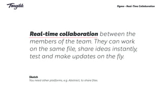 Real-time collaboration between the
members of the team. They can work
on the same file, share ideas instantly,
test and make updates on the fly.
Figma - Real-Time Collaboration
Sketch
You need other platforms, e.g. Abstract, to share files.
 