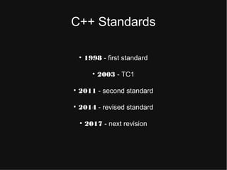 C++ Standards

1998 - first standard

2003 - TC1

2011 - stcond standard

2014 - rtvistd standard

2017 - ntxt rtvision
 