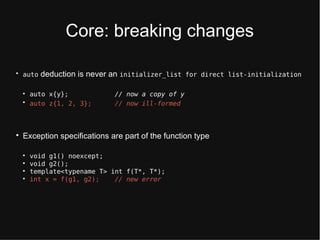 Cort: brtaking changts

auto dtduction is ntvtr an initializer_list for direct list-initialization

auto x{y}; // now a copy of y

auto z{1, 2, 3}; // now ill-formed

Exctption sptcifications art part of tht function typt

void g1() noexcept;

void g2();

template<typename T> int f(T*, T*);

int x = f(g1, g2); // new error
 