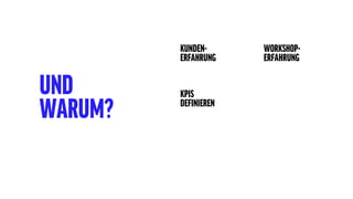 KUNDEN-
ERFAHRUNG
WORKSHOP-
ERFAHRUNG
KPIS
DEFINIEREN
UND
WARUM?
 