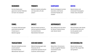 NEUKUNDEN PRODUKTE KAMPAGNEN
Konnten Neukunden
gewonnen werden? Welchen
CLV kann ich erwarten?
Welche Produkte verkauften
sich besonders oft oder
selten?
Welche Kampagnen konnten
besonders viele Nutzer
erreichen? Kanäle und
Inhalte?
KOSTEN
Welche Kosten sind
entstanden? Kampagnen,
Inhalte,Tools,Personal?
FUNNEL UMSATZ ABSPRUNGRATE
An welcher Stelle springen
potentielle Kunden ab?
Hindernisse im
Bestellvorgang?
Wieviel Umsatz konnte im
Zeitraum generiert werden?
Durchschnittliche
Warenkörbe? Aktionen?
Wie zielführend ist die Seite
für Nutzer? Falsche Nutzer
oder falsche Seite?
LADEZEIT
Gibt es Browser oder Geräte
auf denen die Seite nicht
korrekt geladen wird?
Nutzergruppen?
TRANSAKTIONEN USERUNDKUNDEN EVENTS
Wieviele Verkäufte konnten
erzielt werden?
Durchschnittliche
Warenkörbe? Aktionen?
Welceh Nutzergruppen oder
Personas will ich
ansprechen/spreche ich an?
Customer Lifetime Value?
Welce Micro-Conversions
werden ausgelöst? Werden
ausreichend Leads
generiert?
NUTZERVERHALTEN
Welche Seiten werden
besucht? Wie lange? Wie
weit geladen?
 