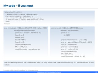 © Absolutdata 2014 Proprietary and Confidential 13
My code – if you must
%Macro HazSThree(SVar);
S_Mue=1/(1+exp(-sV*(&SVar._lag&Nlags.-sXd))) ;
%do l=%sysevalf(&Nlags.-1) %to 0 %by -1;
S_Mue=1/(1+exp(-sV*(&SVar._lag&l.-sXd))) + sK*S_Mue;
%end;
%mend
proc nlmixed data=HAZ.Detrend MAXITER=4000 maxfunc=4000;
ods select ParameterEstimates;
parms b1=1 se=1 sV=1 sXd=0 SK=0.25;
bounds se>0;
bounds sV>0;
bounds 0<SK<1;
bounds b1>0;
%HazSThree(&HazVar.);
Mue= b1*S_Mue;
model Detrended ~ normal(mue, se);
proc mcmc data=HAZ.Detrend &MCMCOptions.;
ods select PostSummaries ;
parms b1 se
sV sXd SK
;
prior b1 ~ normal(mean = 1, var = 0.5);
prior se ~ igamma(shape = 3/10, scale = 10/3);
prior SK ~ uniform(0,1);
prior sXd ~ uniform(-2,2);
prior sV ~ uniform(0,10);
%HazSThree(&HazVar.);
Mue=b1*S_Mue;
model Detrended ~ n(mue, sd = se);
For illustrative purposes the code shown here fits only one s-cure. The solution actually fits a baseline and all the
curves
 
