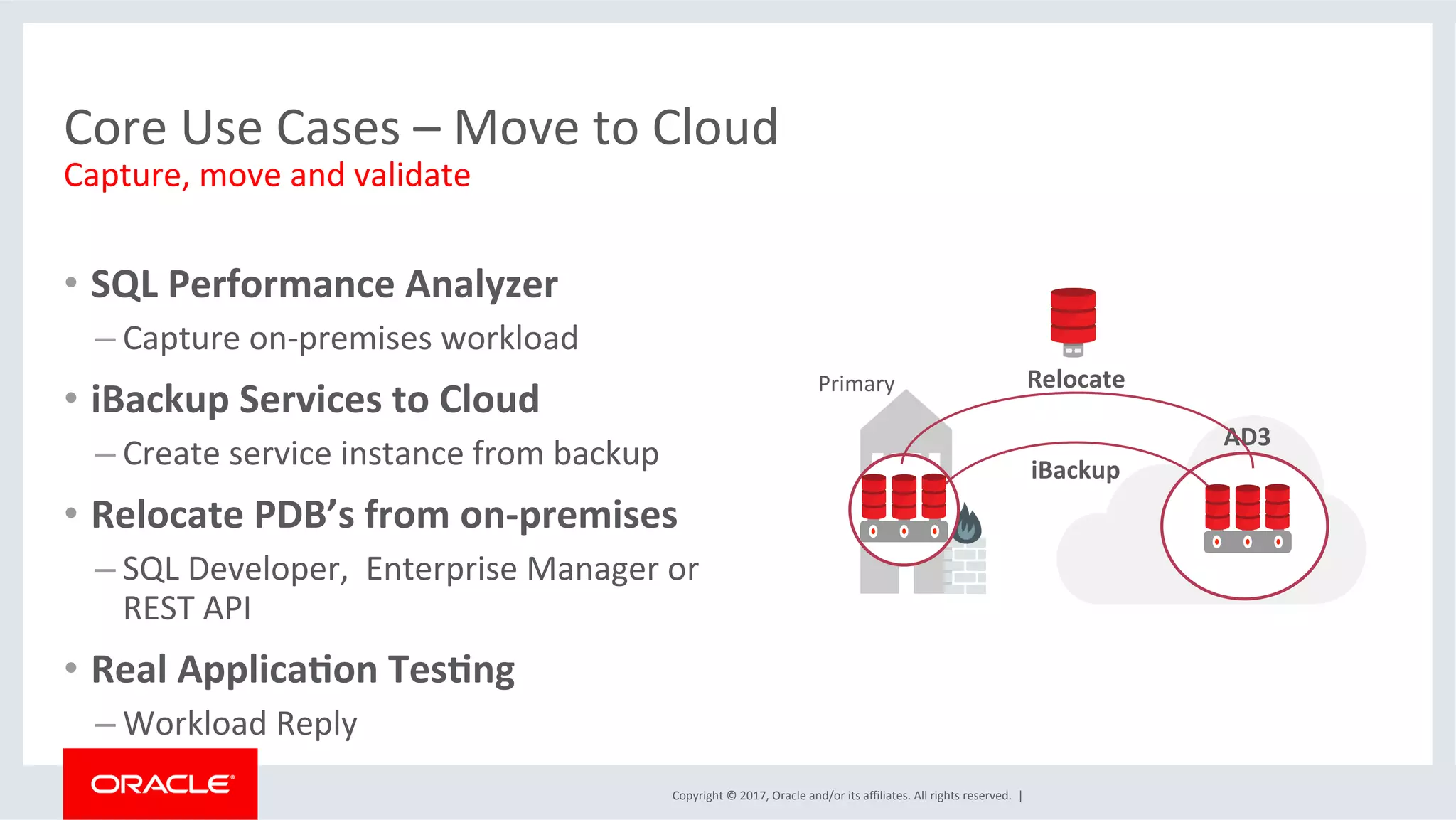 Copyright	
  ©	
  2017,	
  Oracle	
  and/or	
  its	
  aﬃliates.	
  All	
  rights	
  reserved.	
  	
  |	
  
Core	
  Use	
  Cases	
  –	
  Move	
  to	
  Cloud	
  
•  SQL	
  Performance	
  Analyzer	
  
– Capture	
  on-­‐premises	
  workload	
  
•  iBackup	
  Services	
  to	
  Cloud	
  
– Create	
  service	
  instance	
  from	
  backup	
  
•  Relocate	
  PDB’s	
  from	
  on-­‐premises	
  
– SQL	
  Developer,	
  	
  Enterprise	
  Manager	
  or	
  
REST	
  API	
  
•  Real	
  ApplicaJon	
  TesJng	
  
– Workload	
  Reply	
  	
  
Primary	
  
iBackup	
  
AD3	
  
Relocate	
  	
  
Capture,	
  move	
  and	
  validate	
  
 
