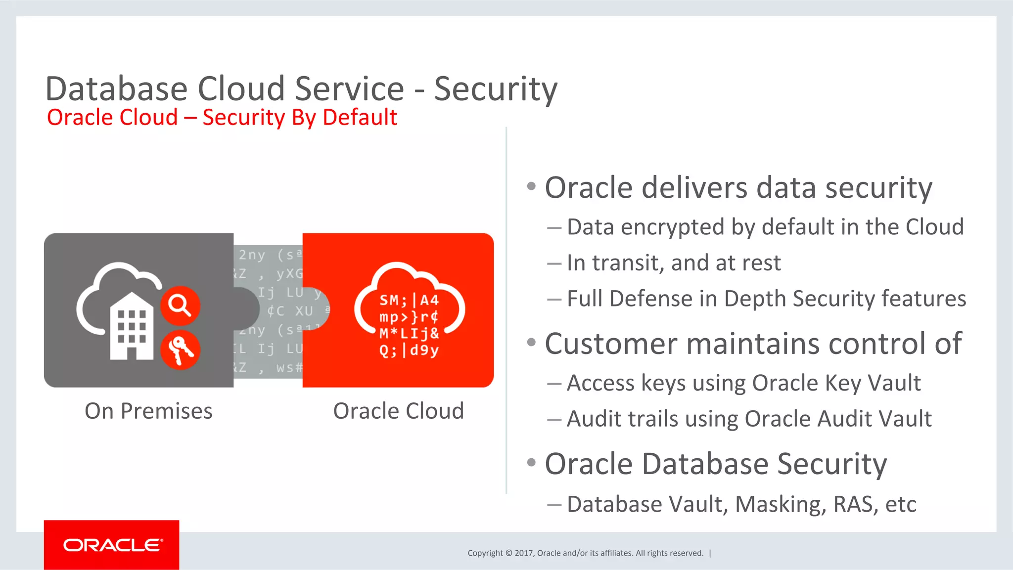 Copyright	
  ©	
  2017,	
  Oracle	
  and/or	
  its	
  aﬃliates.	
  All	
  rights	
  reserved.	
  	
  |	
  
• Oracle	
  delivers	
  data	
  security	
  
– Data	
  encrypted	
  by	
  default	
  in	
  the	
  Cloud	
  
– In	
  transit,	
  and	
  at	
  rest	
  
– Full	
  Defense	
  in	
  Depth	
  Security	
  features	
  
• Customer	
  maintains	
  control	
  of	
  
– Access	
  keys	
  using	
  Oracle	
  Key	
  Vault	
  	
  
– Audit	
  trails	
  using	
  Oracle	
  Audit	
  Vault	
  
• Oracle	
  Database	
  Security	
  
– Database	
  Vault,	
  Masking,	
  RAS,	
  etc	
  
On	
  Premises	
   Oracle	
  Cloud	
  
Oracle	
  Cloud	
  –	
  Security	
  By	
  Default	
  
Database	
  Cloud	
  Service	
  -­‐	
  Security	
  
 