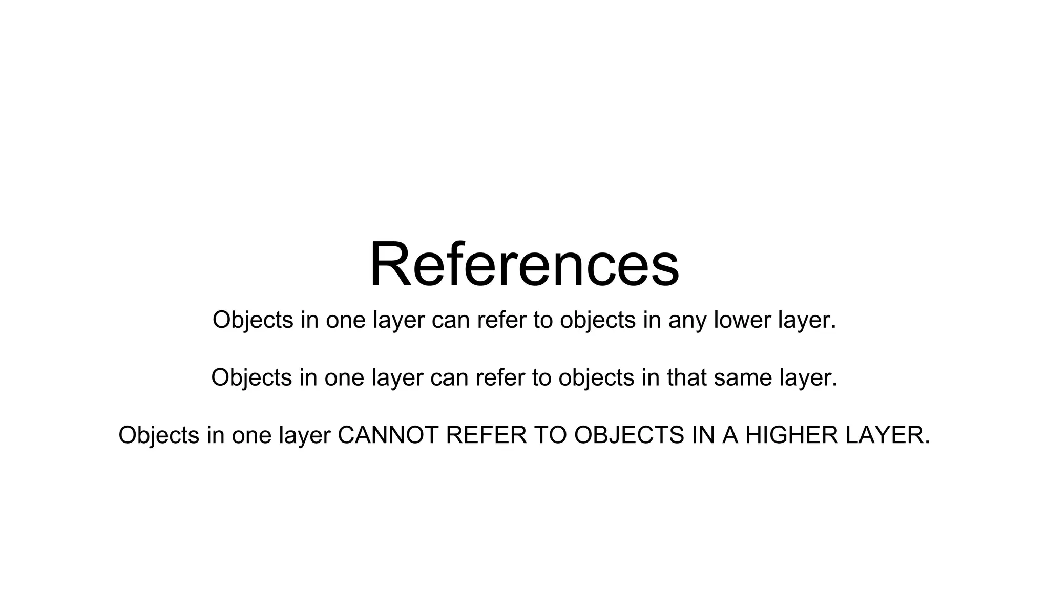 References 
Objects in one layer can refer to objects in any lower layer. 
Objects in one layer can refer to objects in that same layer. 
Objects in one layer CANNOT REFER TO OBJECTS IN A HIGHER LAYER. 
 
