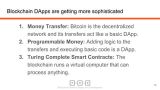 Blockchain Product Design and Development
Blockchain DApps are getting more sophisticated
19
1. Money Transfer: Bitcoin is the decentralized
network and its transfers act like a basic DApp.
2. Programmable Money: Adding logic to the
transfers and executing basic code is a DApp.
3. Turing Complete Smart Contracts: The
blockchain runs a virtual computer that can
process anything.
 