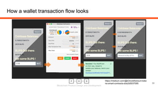 Blockchain Product Design and Development
How a wallet transaction flow looks
30
https://medium.com/@k3no/ethereum-toke
ns-smart-contracts-dce2d5037095
 