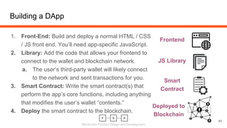 Blockchain Product Design and Development
1. Front-End: Build and deploy a normal HTML / CSS
/ JS front end. You’ll need app-specific JavaScript.
2. Library: Add the code that allows your frontend to
connect to the wallet and blockchain network.
a. The user’s third-party wallet will likely connect
to the network and sent transactions for you.
3. Smart Contract: Write the smart contract(s) that
perform the app’s core functions, including anything
that modifies the user’s wallet “contents.”
4. Deploy the smart contract to the blockchain.
Building a DApp
45
Frontend
Smart
Contract
Deployed to
Blockchain
JS Library
 