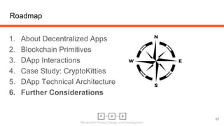 Blockchain Product Design and Development
Roadmap
53
1. About Decentralized Apps
2. Blockchain Primitives
3. DApp Interactions
4. Case Study: CryptoKitties
5. DApp Technical Architecture
6. Further Considerations
 