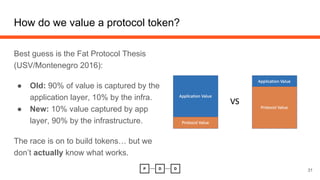 How do we value a protocol token?
Best guess is the Fat Protocol Thesis
(USV/Montenegro 2016):
● Old: 90% of value is captured by the
application layer, 10% by the infra.
● New: 10% value captured by app
layer, 90% by the infrastructure.
The race is on to build tokens… but we
don’t actually know what works.
31
 