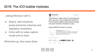 2018: The ICO bubble implodes
...taking Ethereum with it.
● Scams, bad incentives,
pump-and-dump schemes and
regulatory uncertainty
● Coins with no value capture
model and no team
What went up, then came down.
32
 