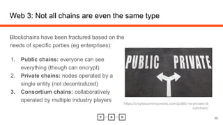Web 3: Not all chains are even the same type
Blockchains have been fractured based on the
needs of specific parties (eg enterprises):
1. Public chains: everyone can see
everything (though can encrypt)
2. Private chains: nodes operated by a
single entity (not decentralized)
3. Consortium chains: collaboratively
operated by multiple industry players
56
https://cryptocurrencynews.com/public-vs-private-bl
ockchain/
 