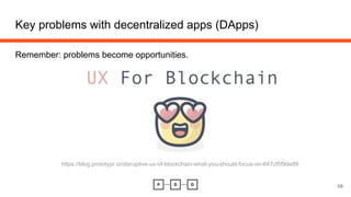 Key problems with decentralized apps (DApps)
58
https://blog.prototypr.io/disruptive-ux-of-blockchain-what-you-should-focus-on-647cf5f9de89
Remember: problems become opportunities.
 