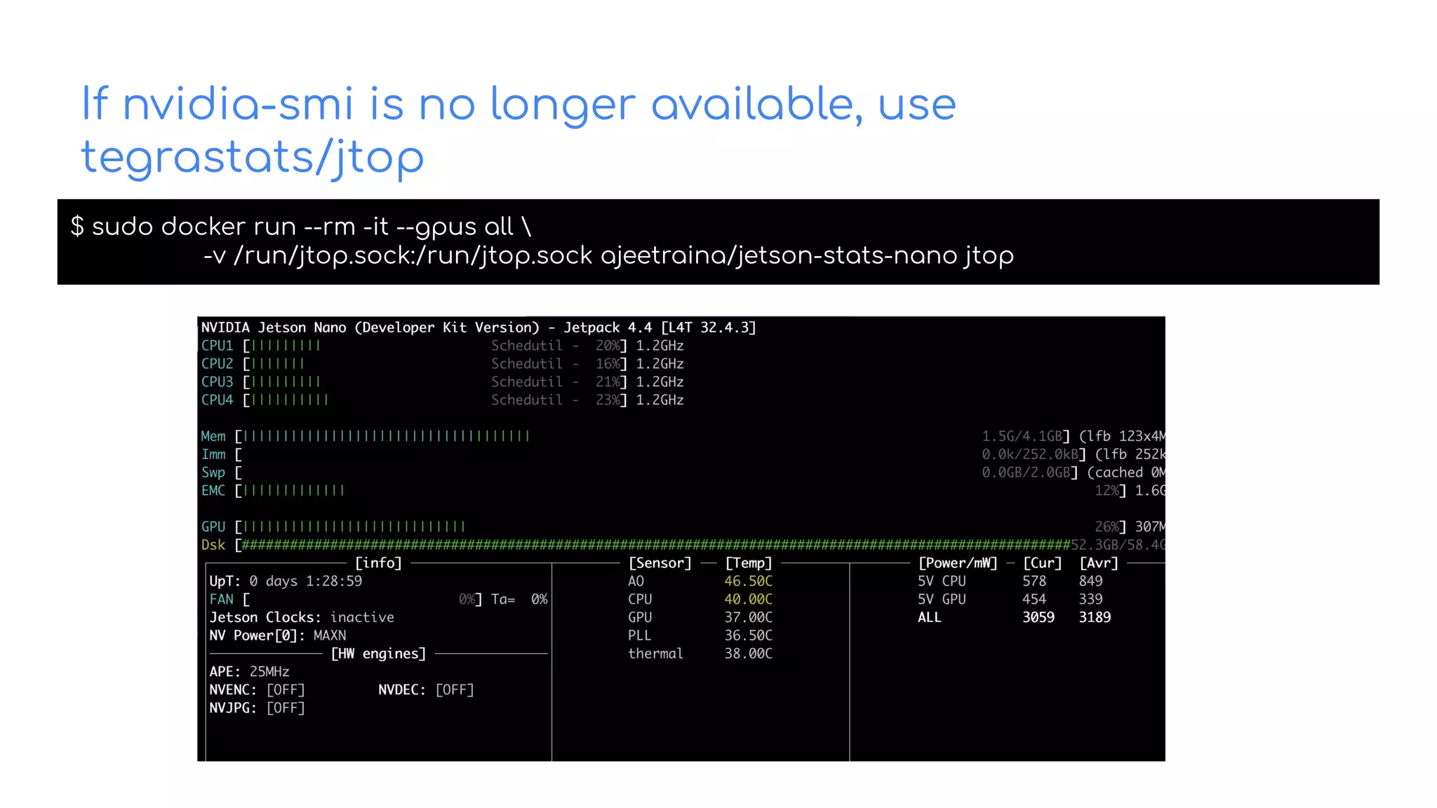 If nvidia-smi is no longer available, use
tegrastats/jtop
$ sudo docker run --rm -it --gpus all 
-v /run/jtop.sock:/run/jtop.sock ajeetraina/jetson-stats-nano jtop
 