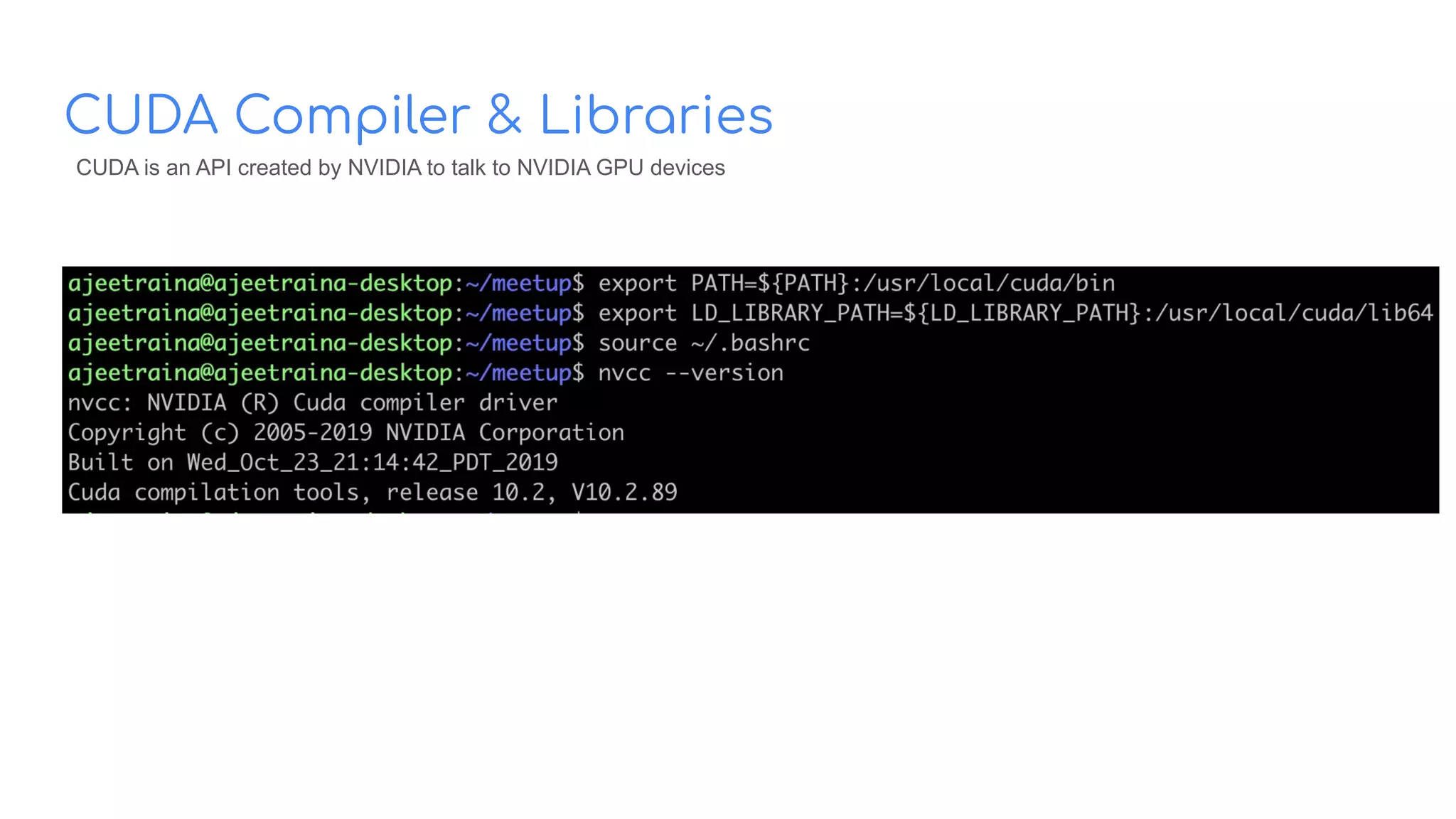 CUDA Compiler & Libraries
CUDA is an API created by NVIDIA to talk to NVIDIA GPU devices
 