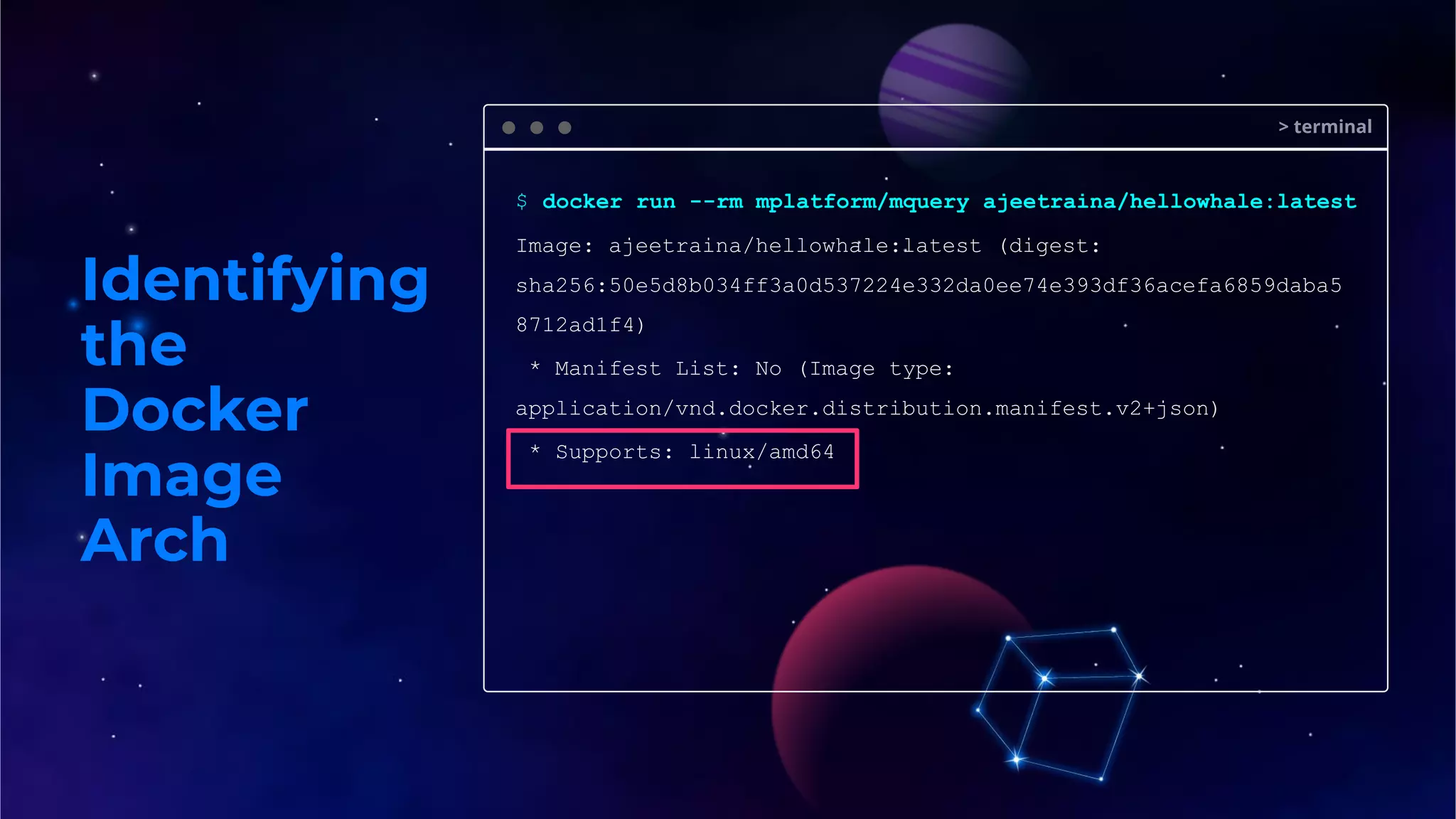 Identifying
the
Docker
Image
Arch
> terminal
$ docker run --rm mplatform/mquery ajeetraina/hellowhale:latest
Image: ajeetraina/hellowhale:latest (digest:
sha256:50e5d8b034ff3a0d537224e332da0ee74e393df36acefa6859daba5
8712ad1f4)
* Manifest List: No (Image type:
application/vnd.docker.distribution.manifest.v2+json)
* Supports: linux/amd64
 