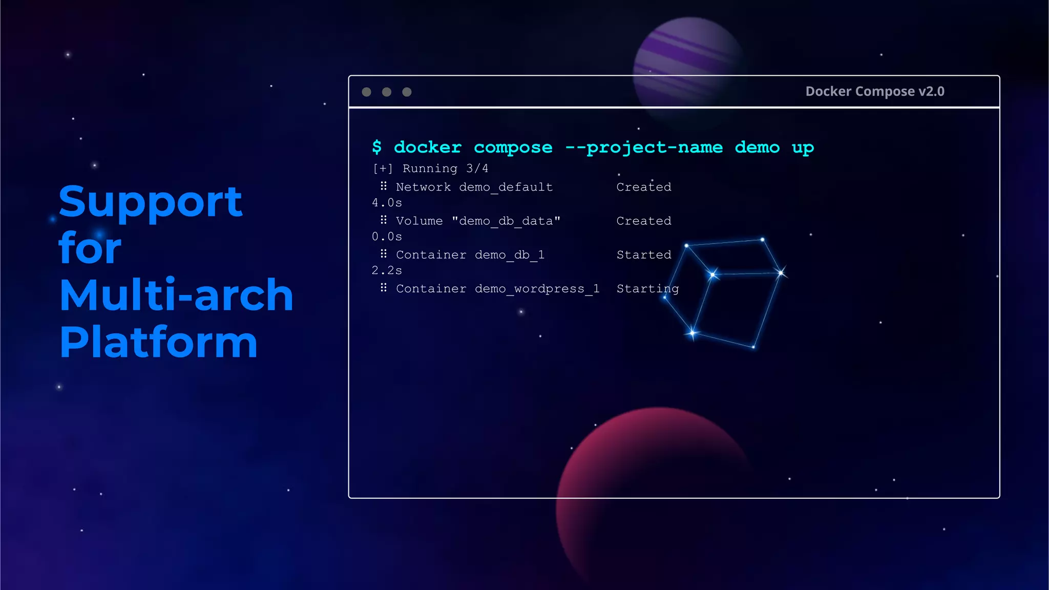 Support
for
Multi-arch
Platform
Docker Compose v2.0
$ docker compose --project-name demo up
[+] Running 3/4
⠿ Network demo_default Created
4.0s
⠿ Volume "demo_db_data" Created
0.0s
⠿ Container demo_db_1 Started
2.2s
⠿ Container demo_wordpress_1 Starting
 