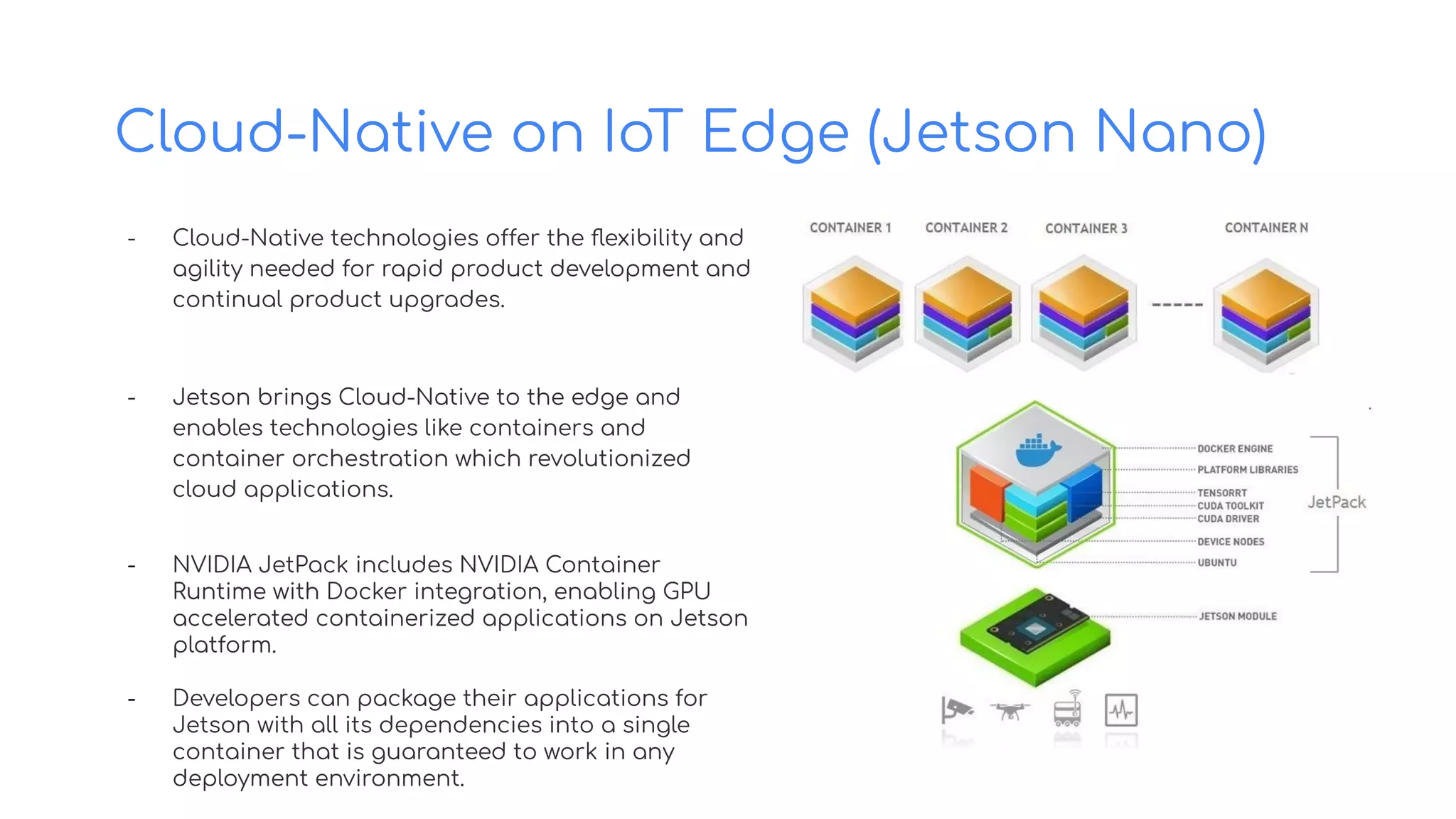 Cloud-Native on IoT Edge (Jetson Nano)
- Cloud-Native technologies offer the ﬂexibility and
agility needed for rapid product development and
continual product upgrades.
- Jetson brings Cloud-Native to the edge and
enables technologies like containers and
container orchestration which revolutionized
cloud applications.
- NVIDIA JetPack includes NVIDIA Container
Runtime with Docker integration, enabling GPU
accelerated containerized applications on Jetson
platform.
- Developers can package their applications for
Jetson with all its dependencies into a single
container that is guaranteed to work in any
deployment environment.
 