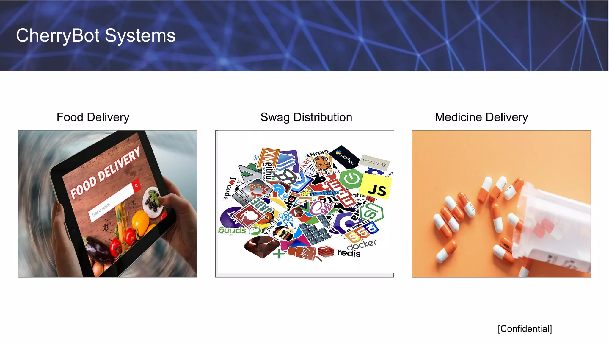 CherryBot Systems
[Confidential]
Food Delivery Swag Distribution Medicine Delivery
 