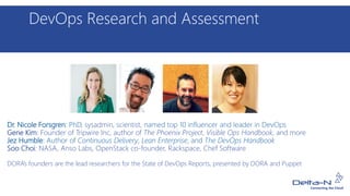 DevOps Research and Assessment
Dr. Nicole Forsgren: PhD, sysadmin, scientist, named top 10 influencer and leader in DevOps
Gene Kim: Founder of Tripwire Inc, author of The Phoenix Project, Visible Ops Handbook, and more
Jez Humble: Author of Continuous Delivery, Lean Enterprise, and The DevOps Handbook
Soo Choi: NASA, Anso Labs, OpenStack co-founder, Rackspace, Chef Software
DORA’s founders are the lead researchers for the State of DevOps Reports, presented by DORA and Puppet
 