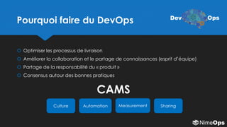 Pourquoi faire du DevOps
 Optimiser les processus de livraison
 Améliorer la collaboration et le partage de connaissances (esprit d’équipe)
 Partage de la responsabilité du « produit »
 Consensus autour des bonnes pratiques
CAMS
Culture Automation Measurement Sharing
Dev Ops
 