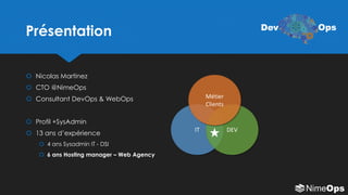 Présentation
 Nicolas Martinez
 CTO @NimeOps
 Consultant DevOps & WebOps
 Profil +SysAdmin
 13 ans d’expérience
 4 ans Sysadmin IT - DSI
 6 ans Hosting manager – Web Agency
IT DEV
Métier
Clients
Dev Ops
 