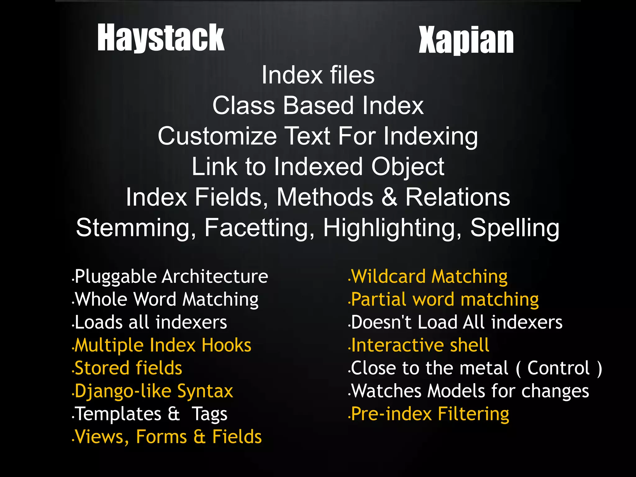 XapianclassArticleIndexer( Indexer ):fields = ['title','body']tags = [('title','title', 3),('body', 'as_plain_text', 1)]space.add_index(Article, ArticleIndexer, attach_as='indexer')