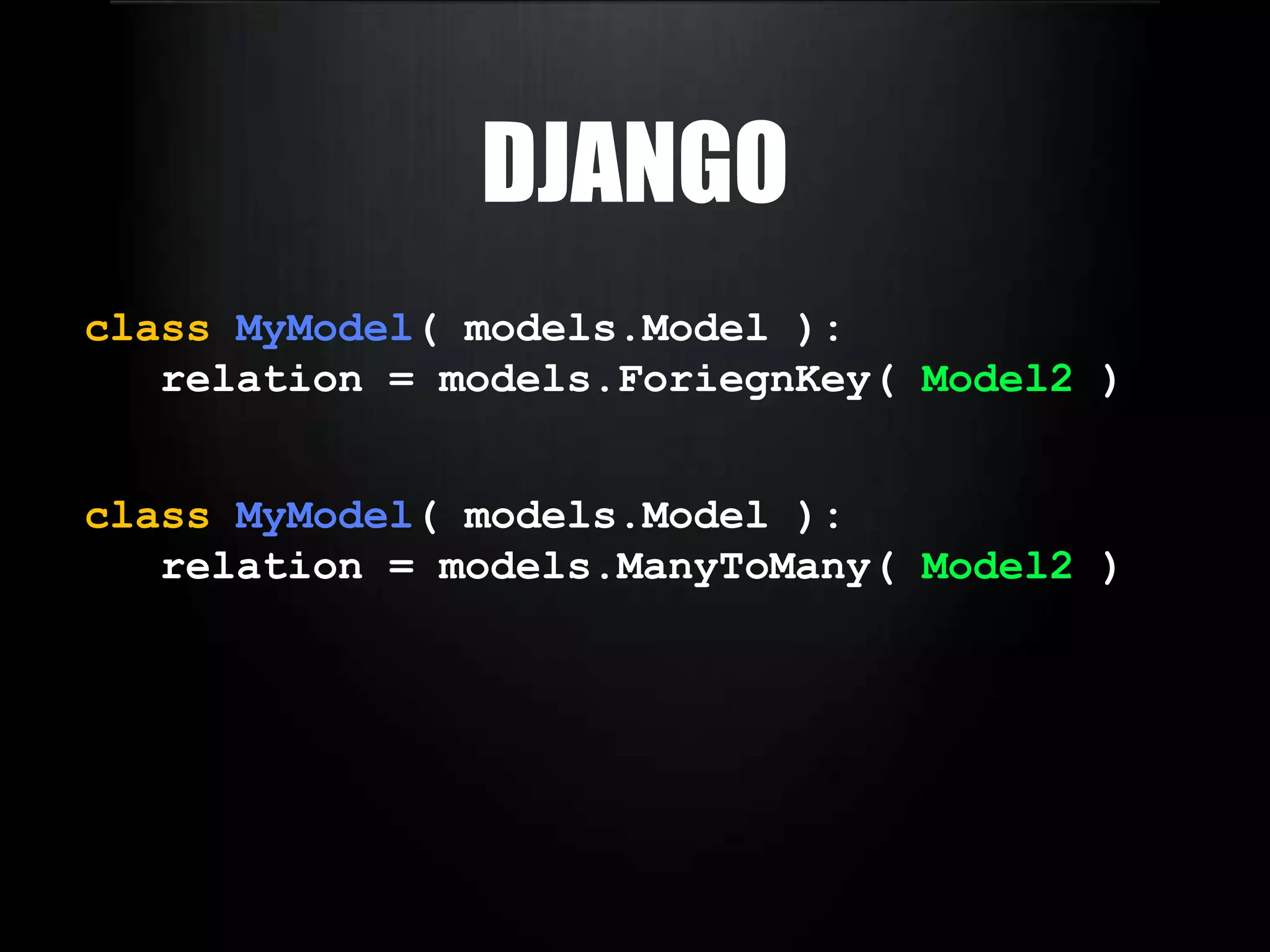 PistonclassMyHandler( BaseHandler ): methods_allowed =( 'GET', 'PUT') model = MyModel classMyOtherHandler( BaseHandler ): methods_allowed =( 'GET', 'PUT') model = MyOtherModelfields = ('title','content',('author',('username',) ) )exclude = ('id', re.compile(r'^private_'))defread( self, request):return [ x for x in MyOtherModel.objects.select_related() ]defupdate( self, request ):...
