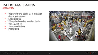 Création d’applications Mobiles à la chaîne- 24/10/2017
INDUSTRIALISATION
APP FACTORY
7
• Département dédié à la création
des applications
• Shopping list
• Récupération des assets clients
• Conﬁguration
• Personnalisation
• Packaging
 