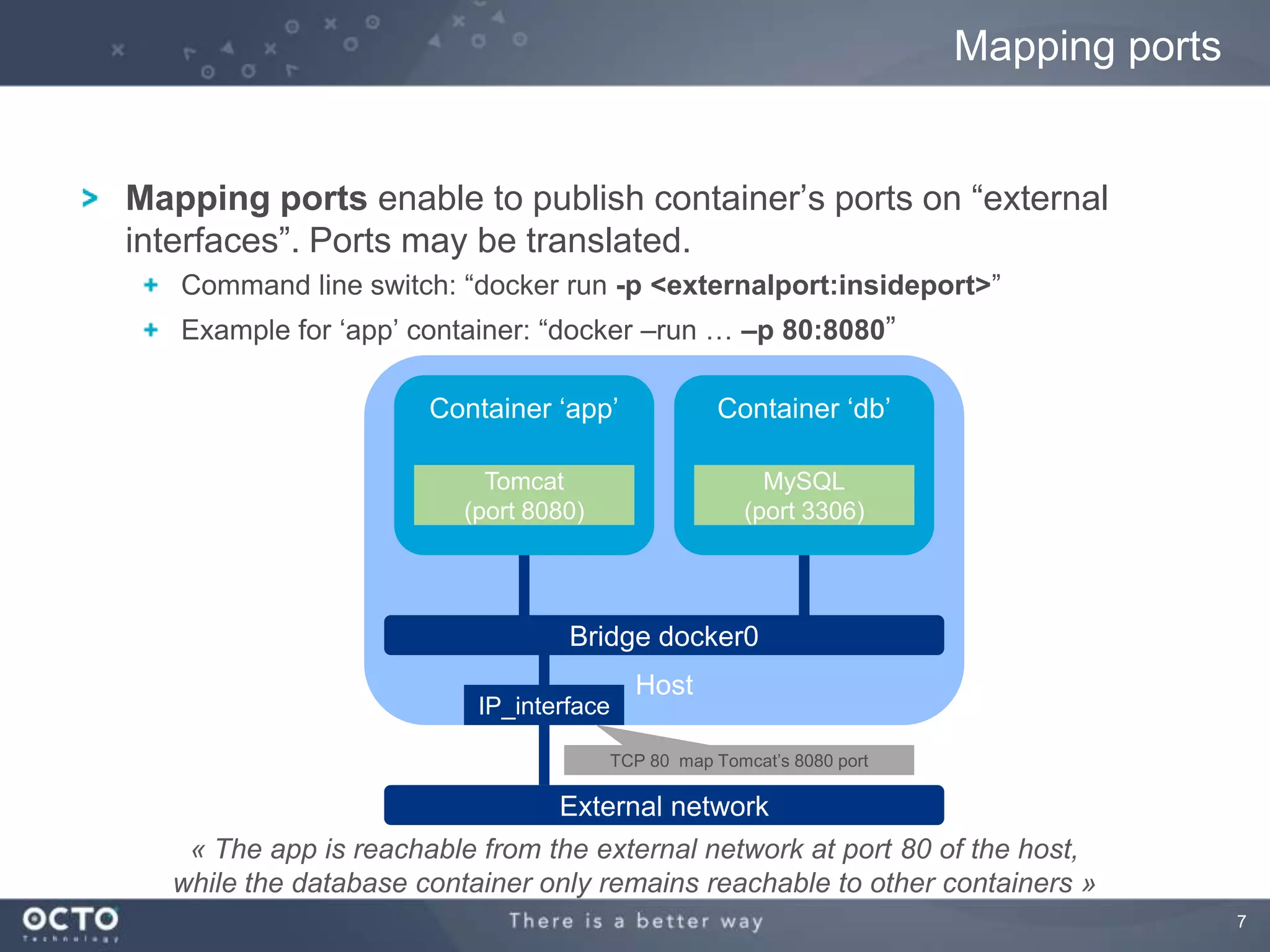 7
Mapping ports enable to publish container‟s ports on “external
interfaces”. Ports may be translated.
Command line switch: “docker run -p <externalport:insideport>”
Example for „app‟ container: “docker –run … –p 80:8080”
Mapping ports
Host
Container „app‟
Bridge docker0
Container „db‟
Tomcat
(port 8080)
MySQL
(port 3306)
« The app is reachable from the external network at port 80 of the host,
while the database container only remains reachable to other containers »
IP_interface
TCP 80 map Tomcat‟s 8080 port
External network
 