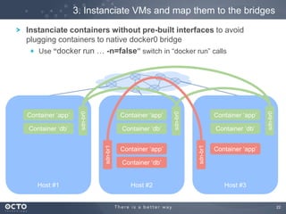 22
U
3. Instanciate VMs and map them to the bridges
Host #1
sdn-br0
Host #3
sdn-br0
sdn-br1
Host #2
sdn-br0
sdn-br1
Container „app‟
Container „db‟
Container „app‟
Container „db‟
Container „app‟
Container „app‟
Container „db‟
Container „app‟
Container „db‟
Instanciate containers without pre-built interfaces to avoid
plugging containers to native docker0 bridge
Use “docker run … -n=false” switch in “docker run” calls
 