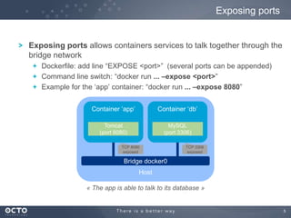 5
Exposing ports allows containers services to talk together through the
bridge network
Dockerfile: add line “EXPOSE <port>” (several ports can be appended)
Command line switch: “docker run ... –expose <port>”
Example for the „app‟ container: “docker run ... –expose 8080”
Exposing ports
Host
Container „app‟
Bridge docker0
Container „db‟
Tomcat
(port 8080)
MySQL
(port 3306)
TCP 3306
exposed
TCP 8080
exposed
« The app is able to talk to its database »
 