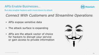 All contents © MuleSoft, LLC
APIs Enable Businesses…
11
Connect With Customers and Streamline Operations
▪ APIs expose sensitive data
▪ The attack surface is expanding
▪ APIs are the attack vector of choice
for hackers to disrupt your service
or gain access to private information
But also enable hackers with more doors to attack
 