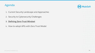 All contents © MuleSoft, LLC
Agenda
1. Current Security Landscape and Approaches
2. Security to Cybersecurity Challenges
3. Defining Zero-Trust Mindset
4. How to adopt APIs with Zero-Trust Model
14
 