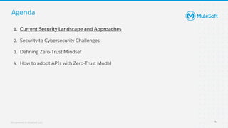 All contents © MuleSoft, LLC
Agenda
1. Current Security Landscape and Approaches
2. Security to Cybersecurity Challenges
3. Defining Zero-Trust Mindset
4. How to adopt APIs with Zero-Trust Model
4
 