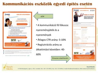 Kommunikációs eszközök egyedi építés esetén 
• A kommunikáció fő fókusza: 
nyereményjáték és a 
nyeremények 
• Átlagos CTR arány: 5-10% 
• Regisztrációs arány az 
átkattintást követően: 40- 
60% 
 