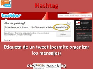 HashtagEtiqueta de un tweet (permite organizar los mensajes)mensaje #hashtag