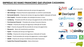 EMPRESAS DO RAMO FINANCEIRO QUE UTILIZAM CASSANDRA
• Allied Payment – Provedora americana de serviços de pagamento
• ABC Arbitrage - Empresa financeira especializada no comércio automatizado
• Barracuda Networks – Empresa de serviços de segurança digital e detecção de fraude
• Clear Capital – Provedor de dados e de avaliação de ativos e riscos
• CardSpring - Provedora de APIs de serivços de pagamento de cartão de crédito
• First American Financial - Provedora de serviços financeiro diversos
• F-Secure – Empresa de serviços de segurança e detecção de fraudes
• iDeal – Empresa do grupo ING de provisão de serviços de pagamentos
• Macquarie - Banco de investimento australiano
• PayPal – Provedora de Serviços de Pagamento
• Simililty – Empresa de serviços de segurança e detecção de fraudes
• Venmo – Fincth provedora de serviços de pagamento e carteira digital
• XOOM – Empresa de serviços transferência de fundos financeiros
• Capital One Financial Corporation – Banco Americano
 