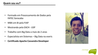 Quem sou eu?
• Formado em Processamento de Dados pela
FATEC Sorocaba
• MBA em BI pela FIAP
• Mestrando pela EACH - USP
• Trabalho com Big Data a mais de 2 anos
• Especialista em Sistemas – Big Data na everis
• Certificado Apache Cassandra Developer
 