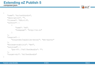 {
"name": ”ez/testbundle",
"description": “",
"license": "GPL-2.0",
"authors": [
{
"name": ”eZ",
"homepage": "http://ez.no"
}
],
"require": {
"ezsystems/ezpublish-kernel": "dev-master"
},
"minimum-stability": "dev",
"autoload": {
"psr-0": {”eZTestBundle": ""}
},
"target-dir": ”eZ/TestBundle"
}
8/1/2013Presenter: Łukasz Serwatka Slide 34
Extending eZ Publish 5
composer.json
 