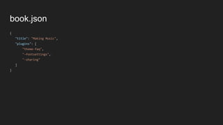 book.json
{
"title": "Making Music",
"plugins": [
"theme-faq",
"-fontsettings",
"-sharing"
]
}
 