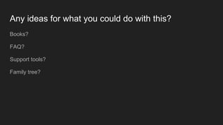 Any ideas for what you could do with this?
Books?
FAQ?
Support tools?
Family tree?
 