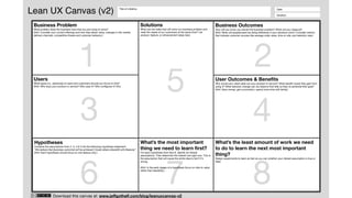 Lean UX Canvas (v2)
Users
What types (i.e., personas) of users and customers should you focus on first?
(Hint: Who buys your product or service? Who uses it? Who configures it? Etc)
Solutions
What can we make that will solve our business problem and
meet the needs of our customers at the same time? List
product, feature, or enhancement ideas here.
User Outcomes & Benefits
Why would your users seek out your product or service? What benefit would they gain from
using it? What behavior change can we observe that tells us they've achieved their goal?
(Hint: Save money, get a promotion, spend more time with family)
Hypotheses
Combine the assumptions from 2, 3, 4 & 5 into the following hypothesis statement:
“We believe that [business outcome] will be achieved if [user] attains [benefit] with [feature].”
(Hint: Each hypothesis should focus on one feature only.)
What’s the least amount of work we need
to do to learn the next most important
thing?
Design experiments to learn as fast as you can whether your riskiest assumption is true or
false.
Business Problem
What problem does the business have that you are trying to solve?
(Hint: Consider your current offerings and how they delver value, changes in the market,
delivery channels, competitive threats and customer behavior.)
Business Outcomes
How will you know you solved the business problem? What will you measure?
(Hint: What will people/users be doing differently if your solutions work? Consider metrics
that indicate customer success like average order value, time on site, and retention rate.)
Title of initiative: Date:
Iteration:
5
3
8
1
6
4
7
2
Download this canvas at: www.jeffgothelf.com/blog/leanuxcanvas-v2
What’s the most important
thing we need to learn first?
For each hypothesis from Box 6, identify its riskiest
assumptions. Then determine the riskiest one right now. This is
the assumption that will cause the entire idea to fail if it’s
wrong.
(Hint: In the early stages of a hypothesis focus on risks to value
rather than feasibility.)
 