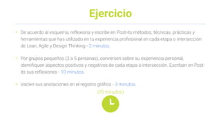 Ejercicio
• De acuerdo al esquema, reflexiona y escribe en Post-its métodos, técnicas, prácticas y
herramientas que has utilizado en tu experiencia profesional en cada etapa o intersección
de Lean, Agile y Design Thinking - 2 minutos.
• Por grupos pequeños (3 a 5 personas), conversen sobre su experiencia personal,
identifiquen aspectos positivos y negativos de cada etapa o intersección. Escriban en Post-
its sus reflexiones - 10 minutos.
• Vacíen sus anotaciones en el registro gráfico - 3 minutos.
(15 minutos)
 