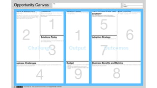 Opportunity Canvas
Users & Customers
What types of users and customers have the challenges your
solution addresses?

Look for differences in user’s goals or uses that would affect their
use of the product. Separate users and customers into different
types based on those differences that make a difference. It’s a
bad idea to target “everyone” with your product.
Problems
What problems do prospective users and customers have today
that your solution addresses? 

What needs, goals, or jobs-to-be-done done should your
solution address?
Solution ideas
List product, feature, or enhancement ideas that solve problems
for your target audience.
How will users use your
solution?
If your target audience has your solution, what will they do
differently as a consequence? And, how will that benefit them?
User Metrics
What specific user behaviors can you measure that will indicate
they try, adopt, use, and place value in your solution?
Solutions Today
How do users address their problems today?

List competitive products or work-around approaches your users
have for meeting their needs.
Adoption Strategy
How will customers and users discover and adopt your solution?
Business Challenges
How do the customers’ and users’ and their challenges above impact your business? If you don’t solve these problems for your
customers and users, will it hurt your business? How?
Business Benefits and Metrics
What business performance metrics will be affected by the success of this solution? These usually change as a consequence of users
actually buying and using your solution.
Title: Date:
Iteration:
12
1
3
4
6
5
7
89
Budget
1. What might it cost your organization if you don’t create this
solution? 

2. What might your organization earn or save if you do? 

3. Given that, what would your organization budget to create this
solution?
Download at:  http://jpattonassociates.com/opportunity-canvas/
Challenge OutcomesOutput
 